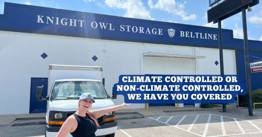 Front of Knight Owl Storage - Beltline with U-Haul truck and banner about climate controlled and non-climate storage options